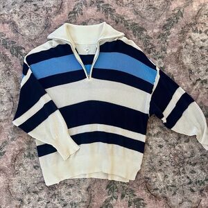 Aerie Cream and Blue Striped Zip-Up Sweater